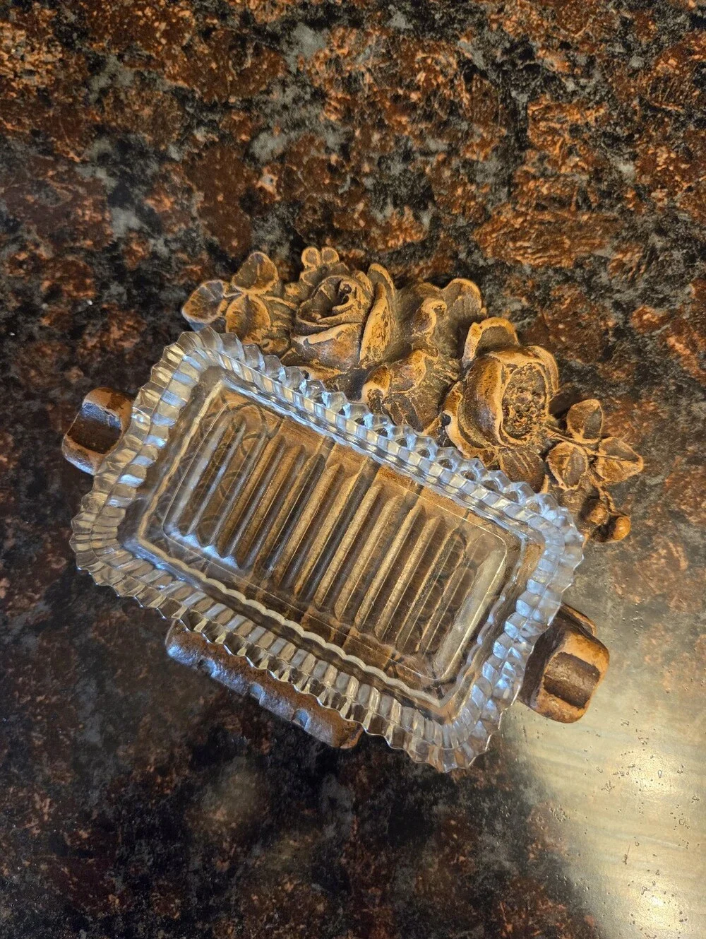 Vintage Syrocowood Rose Soap Dish Trintket Tray Floral Cast Wood Composite Glass